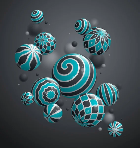 实用的光滑球体矢量背景 带图案的飞行球的组成 三维混合内衬球体 场效应的深度 — 图库矢量图片