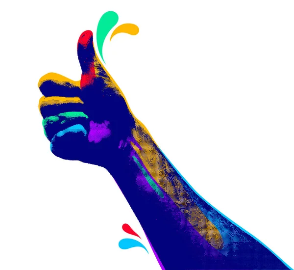 Pulgar Hacia Arriba Como Medio Tono Mano Con Colorido Diseño — Vector de stock