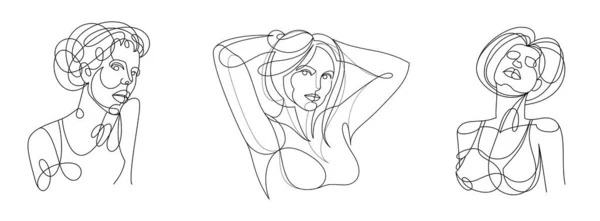 Woman Beauty Face Vector Linear Illustrations Set Delicate Line Art — 图库矢量图片