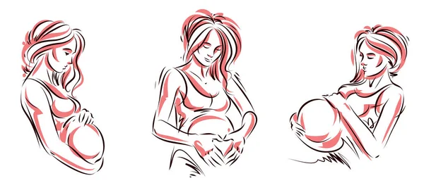 Pregnant Woman Vector Hand Drawn Illustrations Set Isolated White Background — Stock Vector
