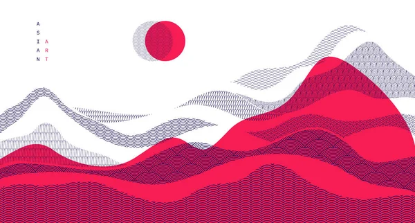 紅地の和様ベクトル抽象画 アジアの伝統的な様式の背景 波状の形や山の地形 海線のように走る — ストックベクタ