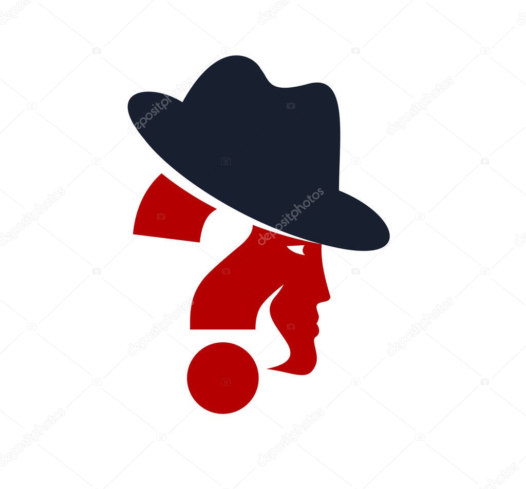 Incognito vector concept question mark with hat like a spy, criminal hiding his person, against law illegal man, unidentified person.