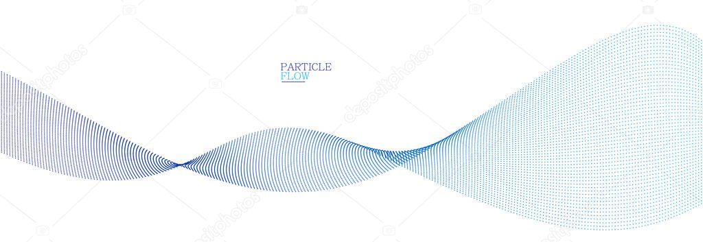 Blue airy particles flow vector design, abstract background with wave of flowing dots array, digital futuristic illustration, nano technology theme.