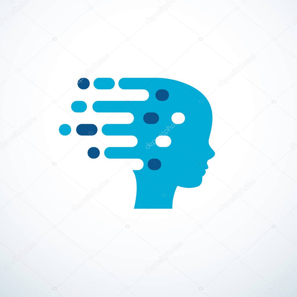 Brainstorm concept, vector design of human head profile with thoughts moving fast. Vector logo or icon template.
