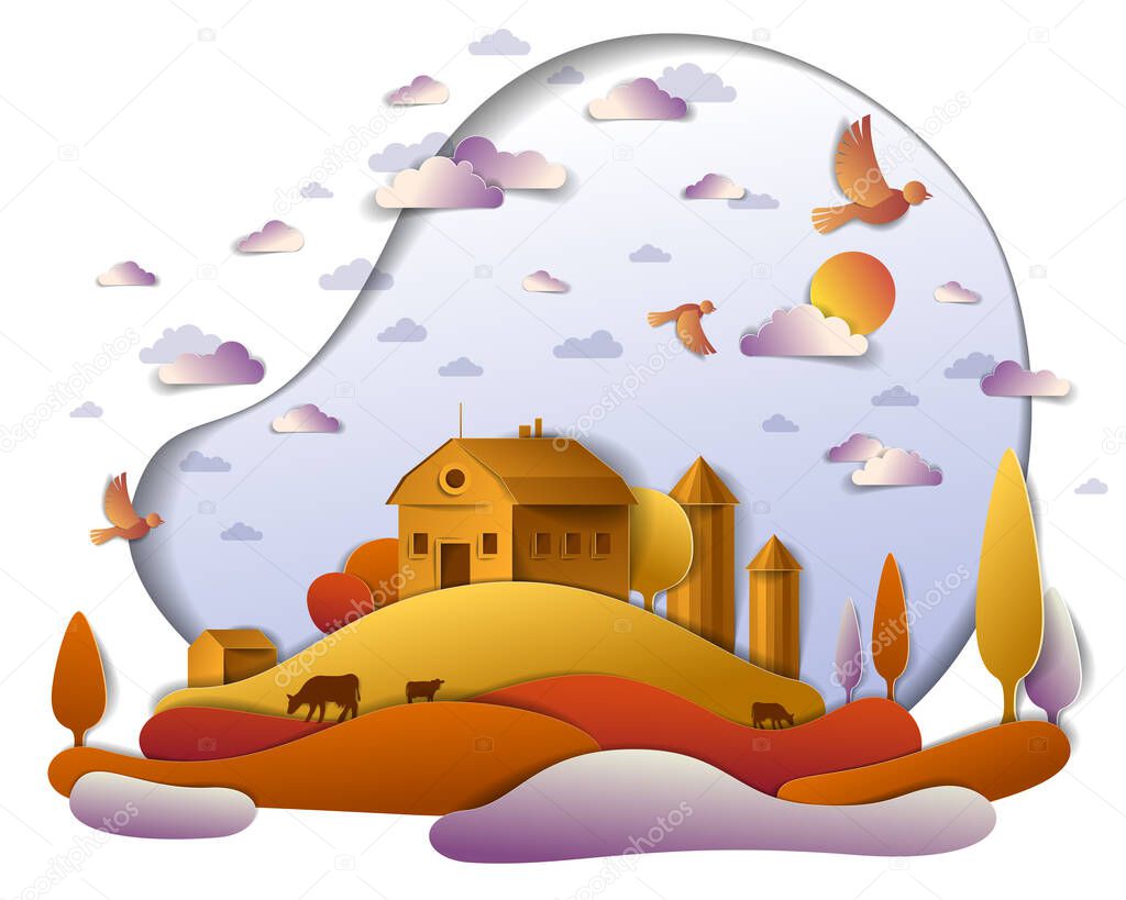 Farm in scenic autumn landscape of fields and trees and wooden country buildings, birds and clouds in the sky, cow milk ranch, countryside fall time vector illustration in paper cut style.