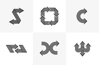 Kavramsal ok vektör logoları izole edilmiş, çift ok sembolü pictogram koleksiyonu, çizgi ok simgesi.