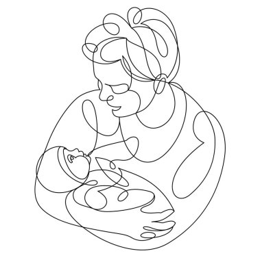 Grandmother and baby child grandson or granddaughter vector linear illustration isolated, grandma holding baby showing love and care.