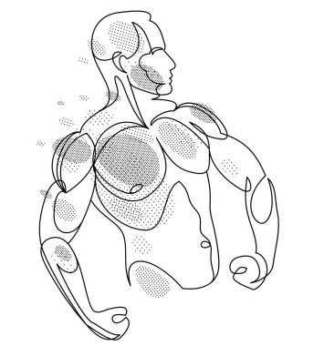 Linear drawing of a perfect body fit model man posing vector illustration isolated, muscular macho sexy guy with naked torso topless.