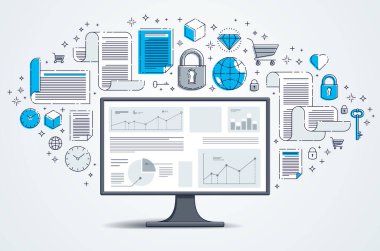 Bilgisayar monitörü istatistikleri infographics ve dizi simgeleri, online iş, Internet elektronik mali, vektör tasarımı.