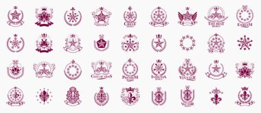 Heraldic Coat of Arms ve yıldız vektörü büyük set, antika heraldik rozetler ve ödüller koleksiyonu, klasik tarz tasarım unsurlarındaki semboller, aile veya iş logoları.