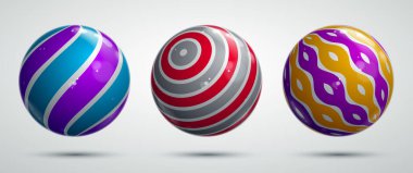 Soyut vektör gerçekçi küreler seti, desenlerle süslenmiş güzel festival topları koleksiyonu, grafik tasarım elementleri.