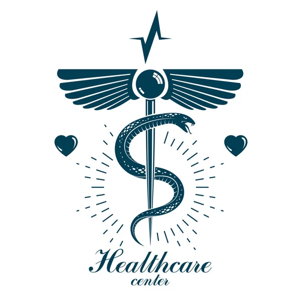 Logo Concettuale Del Vettore Caduceus Realizzato Utilizzando Forma Del Cuore — Vettoriale Stock