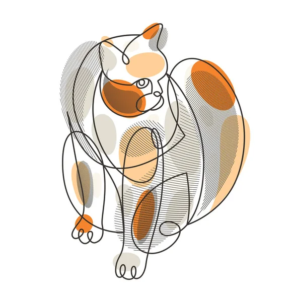 Nice Cute Cat Linear Vector Illustration Line Art Drawing Pussycat — Stok Vektör