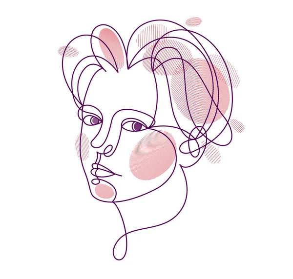 Beautiful Face Attractive Woman Vector Linear Drawing Sensitive Emotional Line — Stockový vektor