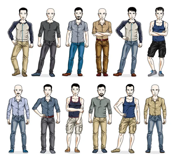 Muži Ležérní Oblečení Vektorové Ilustrace Velký Set Izolované Bílém Pozadí — Stockový vektor