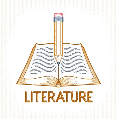 Klasik kitap ve kalem eğitimi veya bilim bilgisi konsepti, eğitim veya bilimsel edebiyat kütüphanesi vektör logosu veya amblemi.