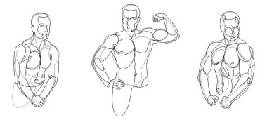 Athletic man torso vector linear illustrations set, male beauty with perfect muscular fit body posing, artistic drawings of fitness model.