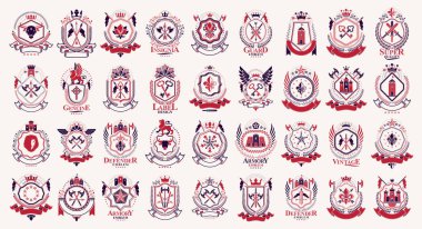Klasik Heraldik amblem vektör seti, antika herallik sembolik rozetler ve ödüller koleksiyonu, klasik tarz tasarım unsurları, aile amblemleri.