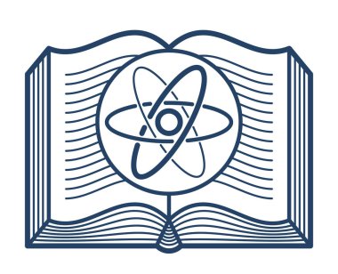 Atom vektörü doğrusal ikonu, eğitim ve bilimsel fizik edebiyatı kütüphanesi çizgi sanat sembolü veya logosu içeren kitabı aç.