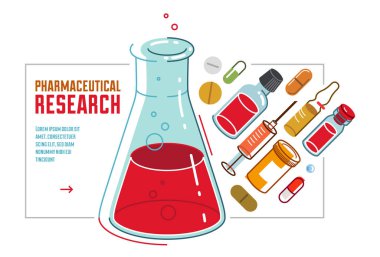 Pharmaceutical research vector illustration with chemical flask and different medicine vector, medical science concept.