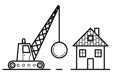 Yok edilecek ağır metal top ve küçük evi olan yıkım makinesi beyaz arkaplanda izole edilmiş vektör çizimi.