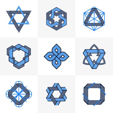 Birleştirilmiş çizgiler, vintage biçim simgeleri koleksiyonu, soyut geometrik doğrusal semboller vektör kümesi, logo oluşturma için grafik tasarım ögeleri.