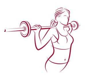 Mükemmel kas gücü olan genç ve çekici bir kadın halter vektör çizimi ile izole edilmiş, spor egzersizleri aktif yaşam tarzı..