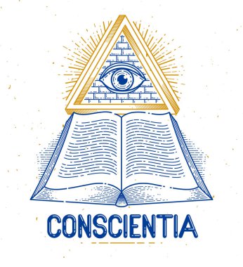Kutsal geometri üçgeninde, içgörü ve aydınlanma, duvarcılık ya da aydınlanma sembolü, vektör logosu ya da amblem tasarım elementinde, Tanrı 'nın tüm gören gözlerine sahip gizli bilgi klasiği açık kitap..