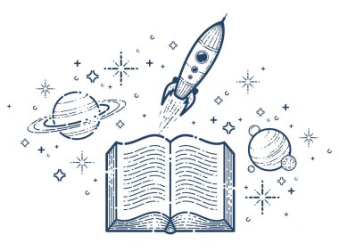 Roket vektör doğrusal simgesi başlatılan kitabı aç, füze metinden başlatılıyor, uzay bilimsel edebiyatı kütüphanesi resim çizgisi çizimi okuyor.