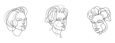 Woman beauty face vector linear illustrations set, delicate line art of attractive girl portraits collection, abstract feminine drawings minimal style isolated.