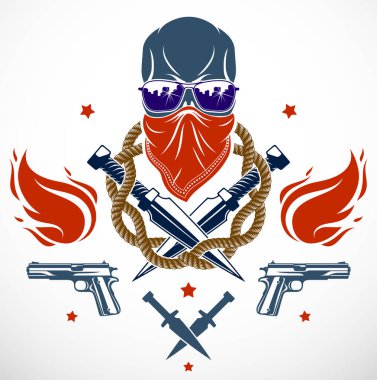 Anarşi ve kaos agresif amblem veya kötü kafatası, silah ve farklı tasarım öğeleri ile logo vektör vintage kürek dövme, asi gangster ceza ve devrimci.