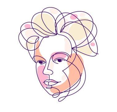 Woman beauty face vector linear illustration, delicate line art of attractive girl portrait, abstract feminine drawing minimal style isolated.