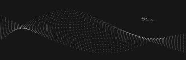 Gri soyut arkaplan, siyah üzerinde akmakta olan parçacıkların vektör dalgası, hareket halindeki kıvrımlı noktalar, teknoloji ve bilim teması, hava ve kolaylıkla fütüristik illüstrasyon.