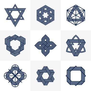 Birleştirilmiş çizgiler, vintage biçim simgeleri koleksiyonu, soyut geometrik doğrusal semboller vektör kümesi, logo oluşturma için grafik tasarım ögeleri.