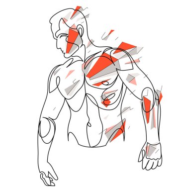 Linear drawing of a perfect body fit model man posing vector illustration isolated, muscular macho sexy guy with naked torso topless.