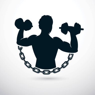 Kaslı vücut dumbbell tutarak vektör Illustration. Şampiyon vücut siluet. 