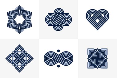 Logo oluşturma için grafik tasarım ögeleri, iç içe geçmiş çizgiler vintage biçim simgeleri koleksiyonu, soyut geometrik doğrusal semboller vektör kümesi.