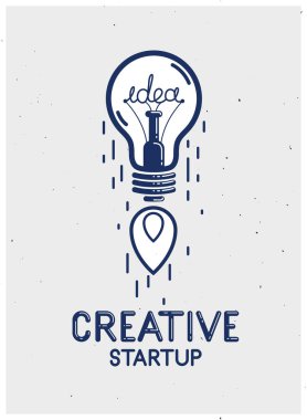 Fikir ampulü roket vektör lineer logosu ya da simge gibi fırlatılıyor, yaratıcı fikir girişimi, bilim icadı ya da araştırma ampulü, yeni iş kurma.