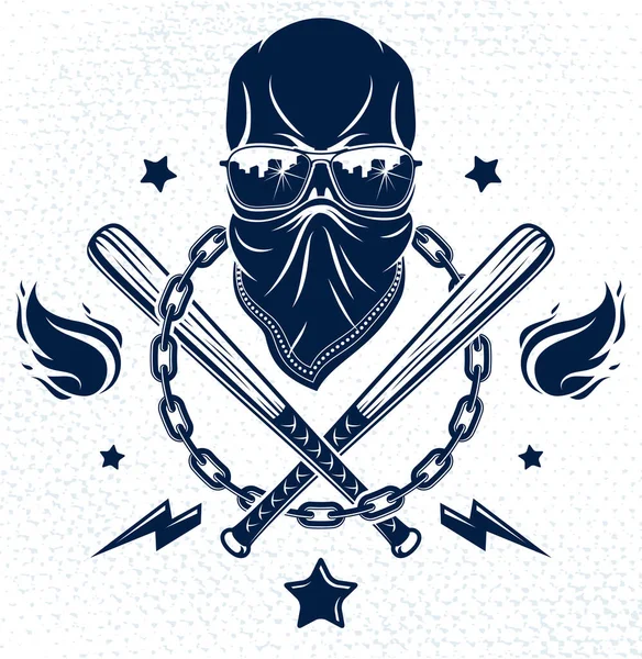 Brutalne Godło Przestępcze Gangu Lub Logo Agresywnymi Kijami Baseballowymi Czaszki — Wektor stockowy