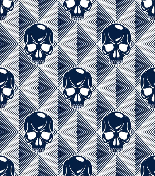 Seamless Skulls Background Vector Pattern Crazy Sculls Horror Death Theme — Stock Vector