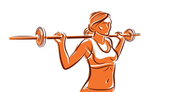 Young Attractive Woman Perfect Muscular Body Training Barbell Vector Illustration — Vector de stock