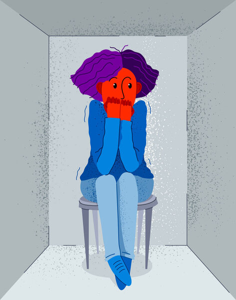 Claustrophobia fear of closed space and no escape vector illustration, girl is closed in small room space and scared in panic attack.