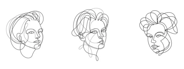 Woman Beauty Face Vector Linear Illustrations Set Delicate Line Art — Archivo Imágenes Vectoriales