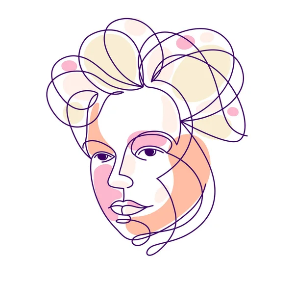 Woman Beauty Face Vector Linear Illustration Delicate Line Art Attractive — Image vectorielle