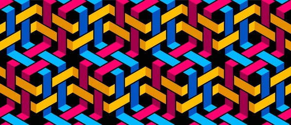 ストライプメッシュ織りキューブシームレスパターン 壁紙のための3D抽象ベクトル背景 Opart次元光錯覚デザイン カラフルなバージョン — ストックベクタ