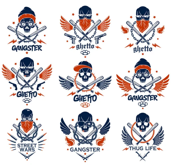 Gangster Emblema Logotipo Tatuagem Com Morcegos Beisebol Crânio Agressivo Outras —  Vetores de Stock