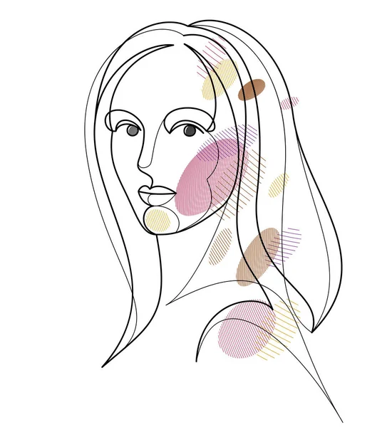 Woman Beauty Face Vector Linear Illustration Delicate Line Art Attractive — Stock vektor