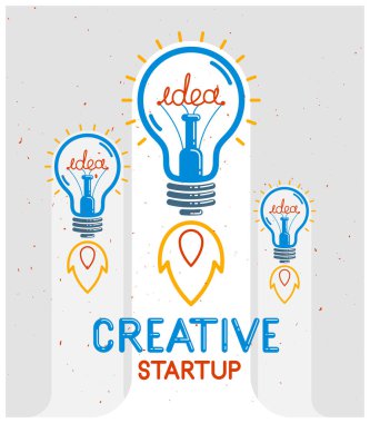 Üç fikir ışığı roket vektör lineer logosu ya da poster gibi fırlatılıyor, yaratıcı fikir girişimi, bilim icadı ya da araştırma ampulü, yeni iş kurma.
