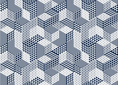 Kusursuz noktalı küp vektör arkaplanı, noktalar ve üçgenler kutular tekrar eden fayans deseni, 3D mimari ve yapı, geometrik tasarım.