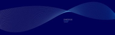 Koyu mavi parçacıklar akış vektör tasarımı, dalgalı noktalar dizisi ile soyut arkaplan, dijital fütüristik illüstrasyon, nano teknoloji teması.